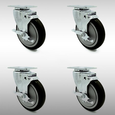 Service Caster 5 Inch SS Black Polyurethane Swivel Top Plate Caster Set with Brake SCC SCC-SS20S514-PPUB-BLK-TLB-4